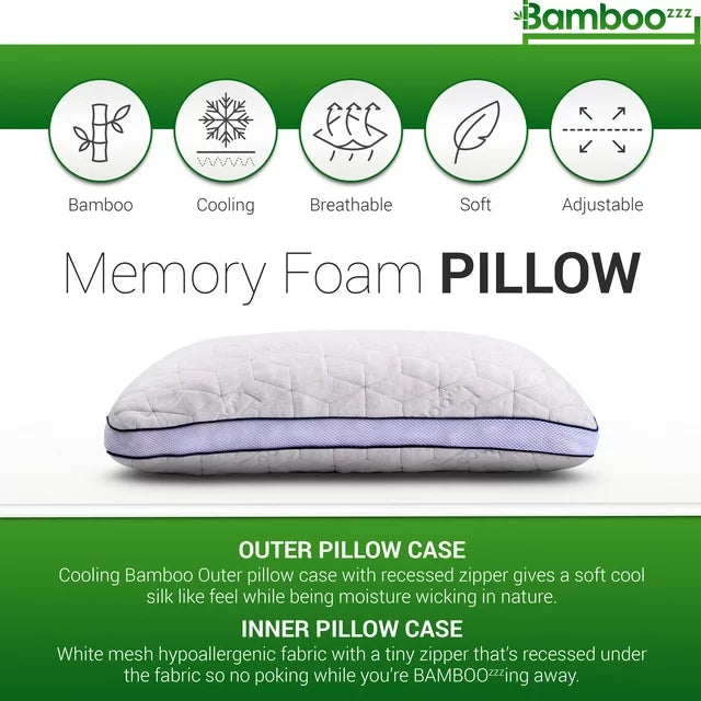 BAMBOOzzz Queen Size Memory Foam Bed Pillow- Soft Adjustable Shredded Memory Foam Pillow for All Sleep Types- Cooling Comfort Bamboo Washable